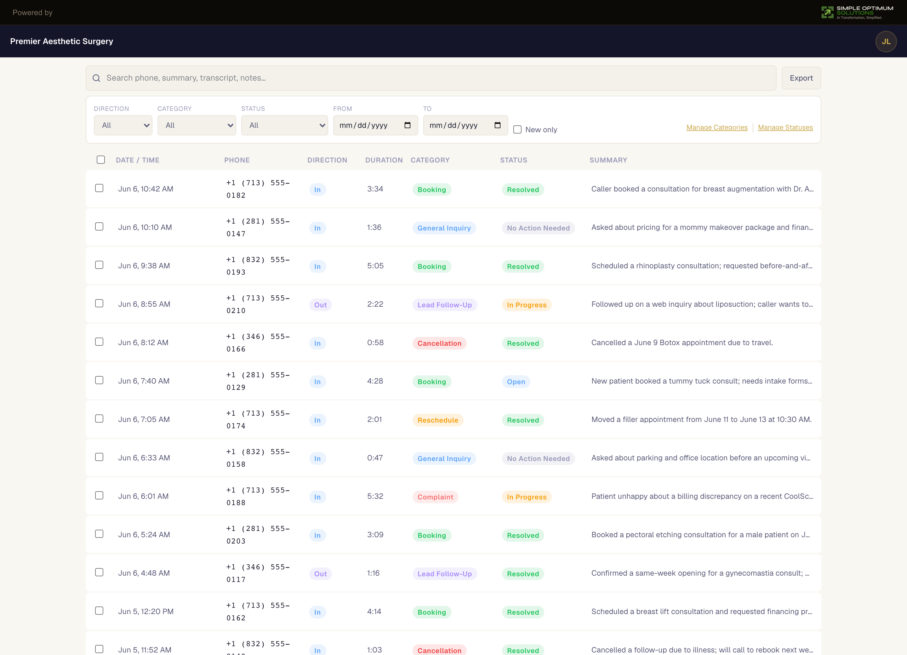 Coordinator call log: every call categorized, searchable, and filterable with resolution status